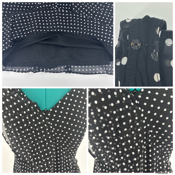 Chaps Black with White Polka Dots Asymmetrical Ruffled Lined Flutter Dress, 8 - Picture 16 of 17